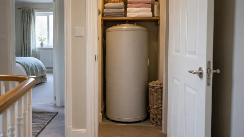 A copper hot water cylinder in a hot press in an Irish home