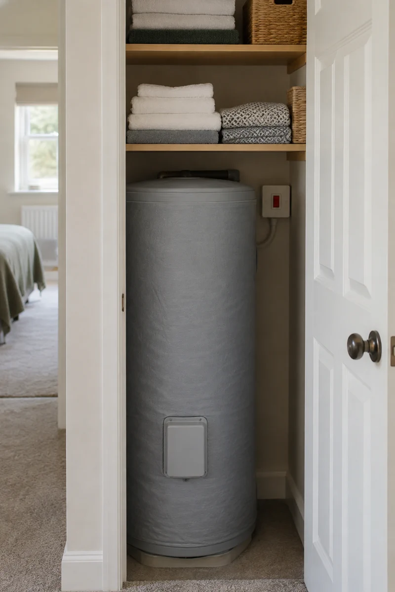 An immersion element and thermostat set out beside a cylinder