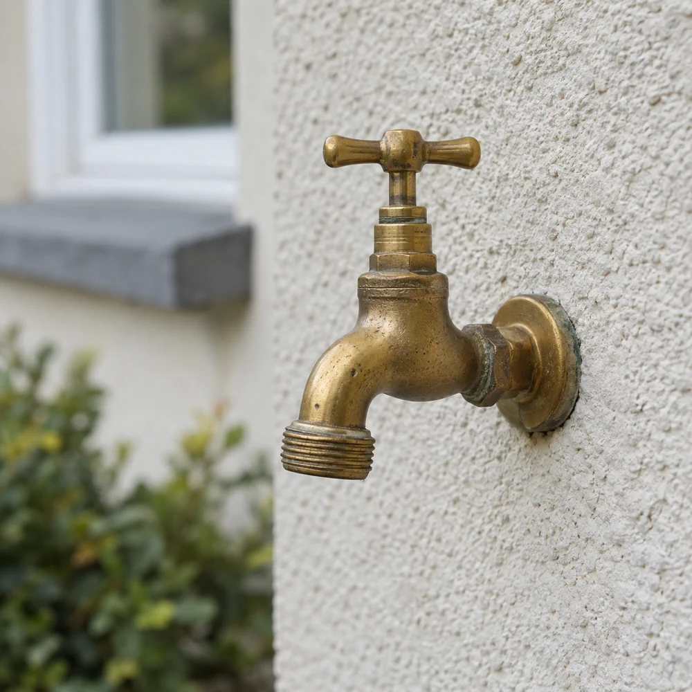 A plumber marking the spot for an outdoor tap on a house wall
