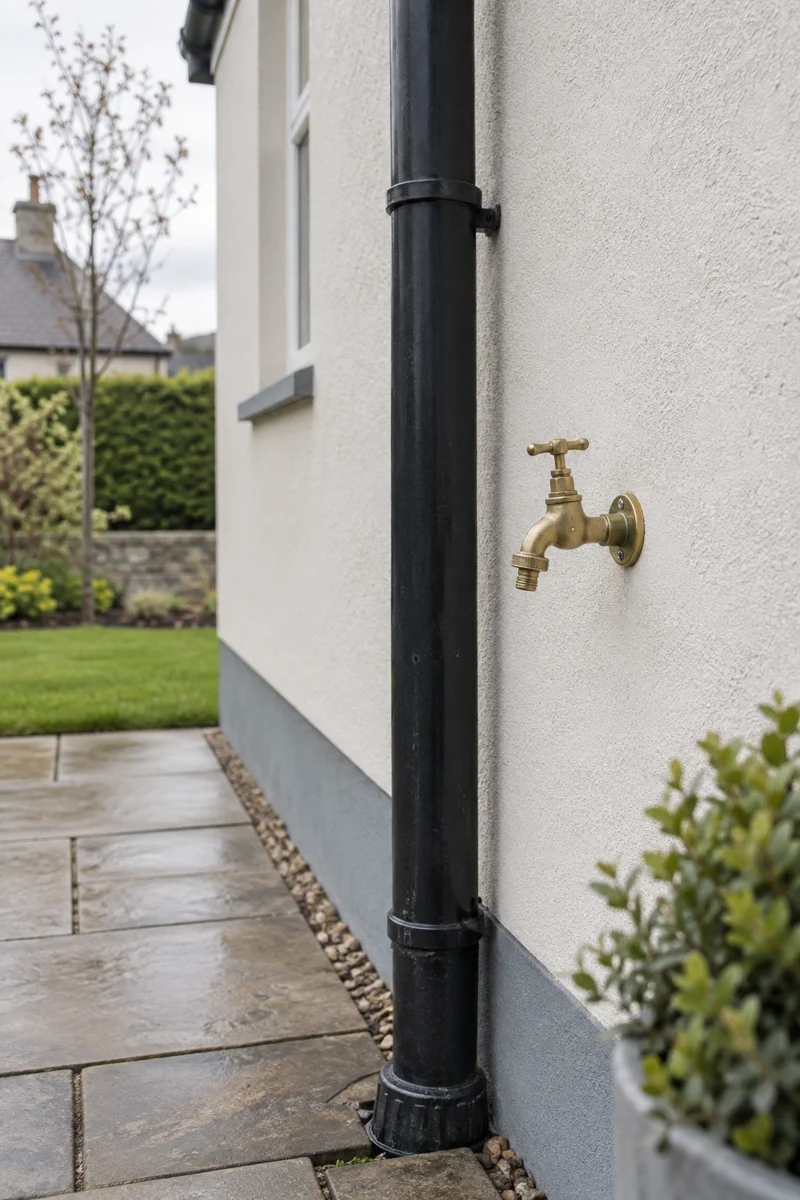 A brass check valve fitted on the pipe behind an outdoor tap