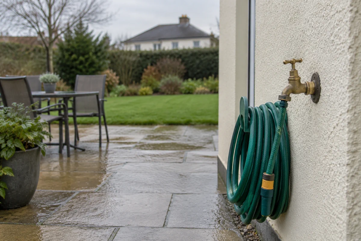 A frost-covered outdoor tap on a house wall on a winter morning