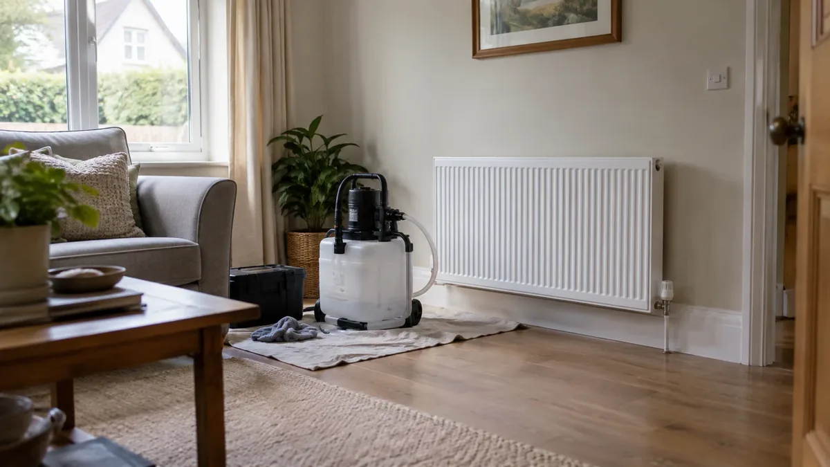 A power flushing machine connected to a central heating system in an Irish home