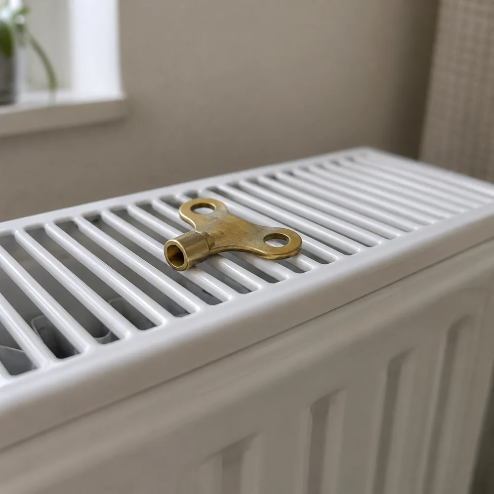 Heating engineer flushing sludge from a radiator