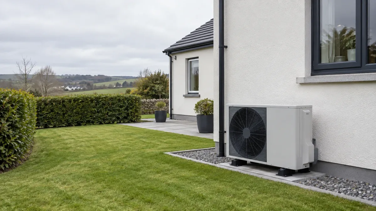 An air-source heat pump unit fitted outside an Irish home